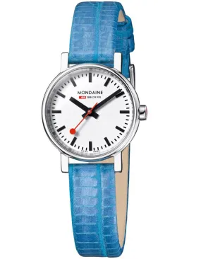 Mondaine Womans Quart Evo Watch - White Dial - Sky Blue Leather Strap - 30m