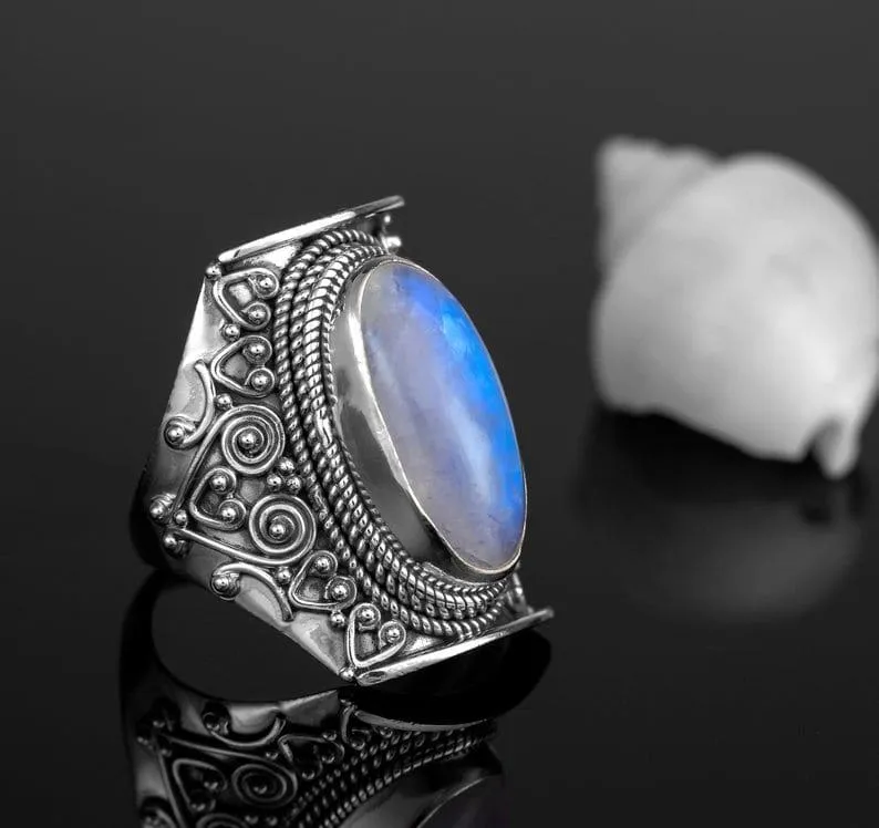 Moonstone Bohemian Ring, Sterling Silver Boho Rings, Birthday Gift for Best Friend, Classy Ring Moonstone Rainbow