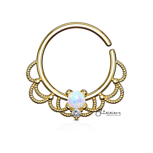 Opal Set Centered Filigree Bendable Hoop Rings for Nose Septum, Daith and Ear Cartilage