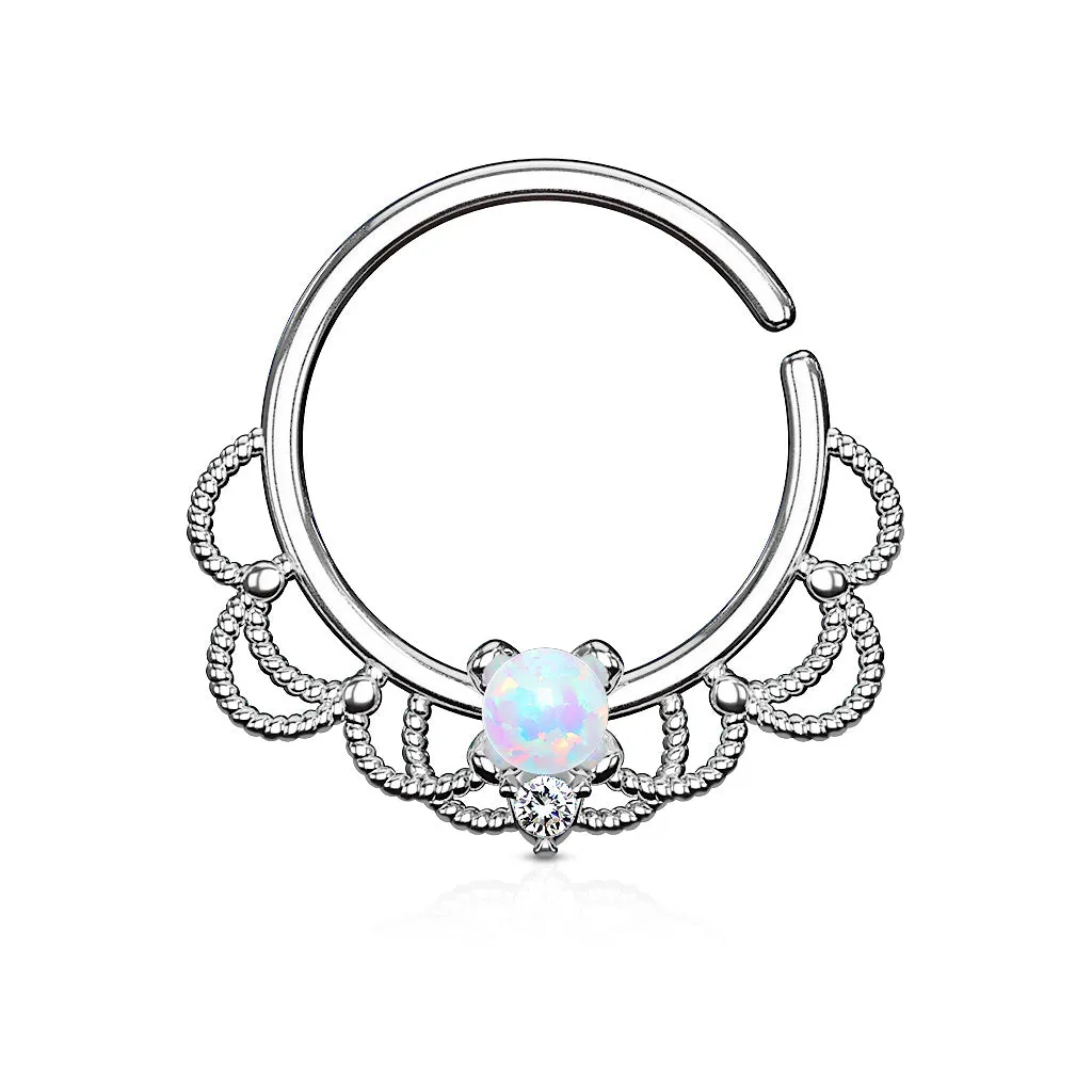 Opal Set Centered Filigree Bendable Hoop Rings for Nose Septum, Daith and Ear Cartilage