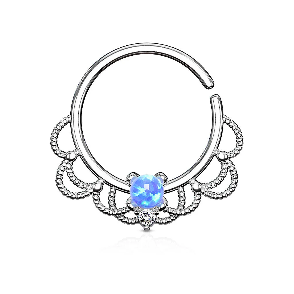 Opal Set Centered Filigree Bendable Hoop Rings for Nose Septum, Daith and Ear Cartilage