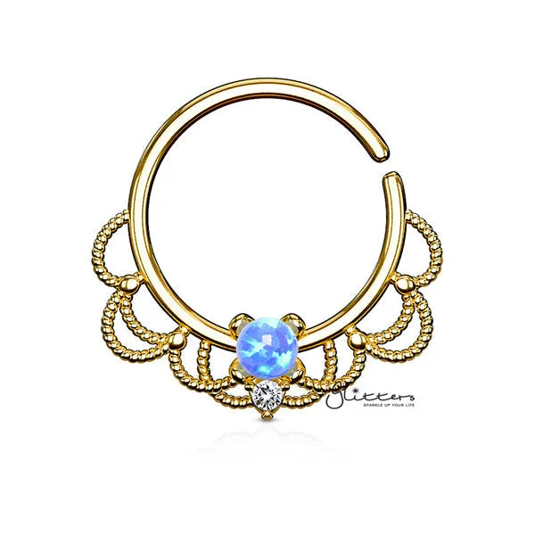 Opal Set Centered Filigree Bendable Hoop Rings for Nose Septum, Daith and Ear Cartilage