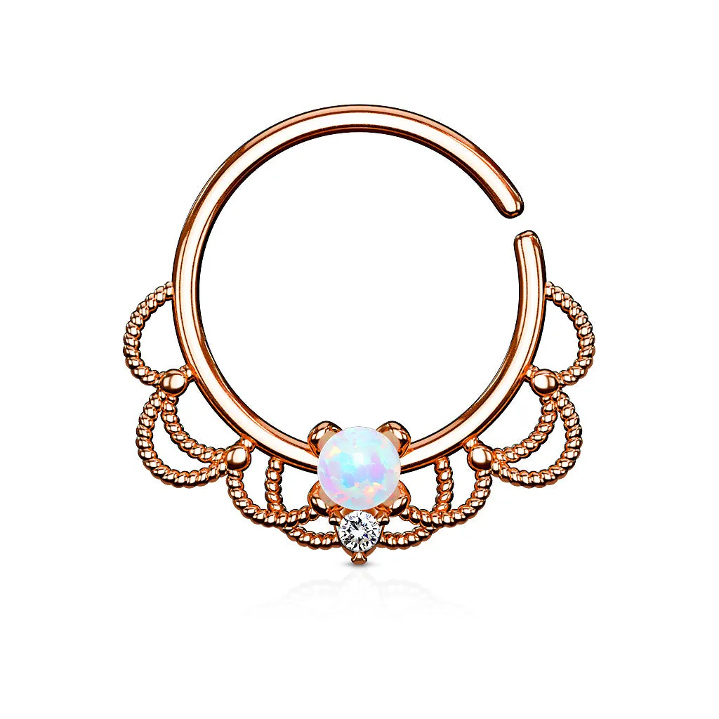 Opal Set Centered Filigree Bendable Hoop Rings for Nose Septum, Daith and Ear Cartilage