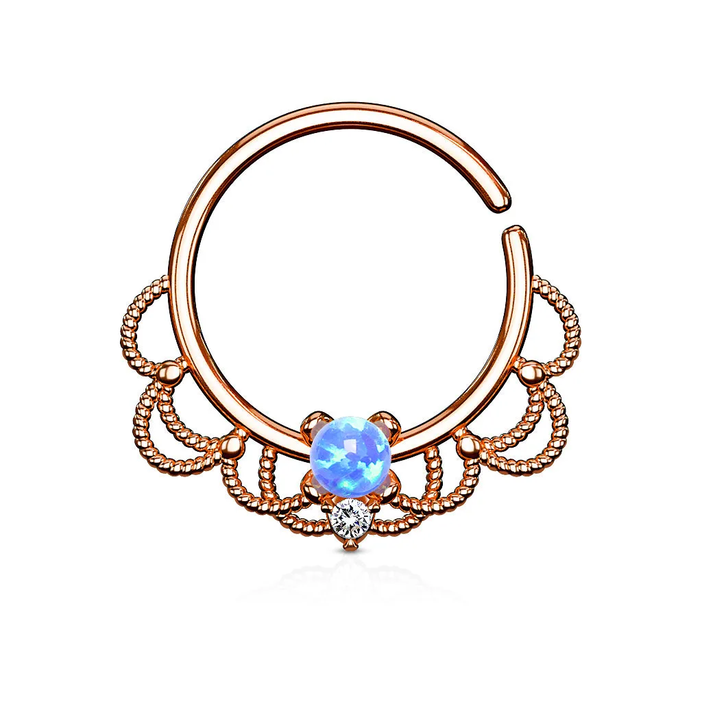 Opal Set Centered Filigree Bendable Hoop Rings for Nose Septum, Daith and Ear Cartilage