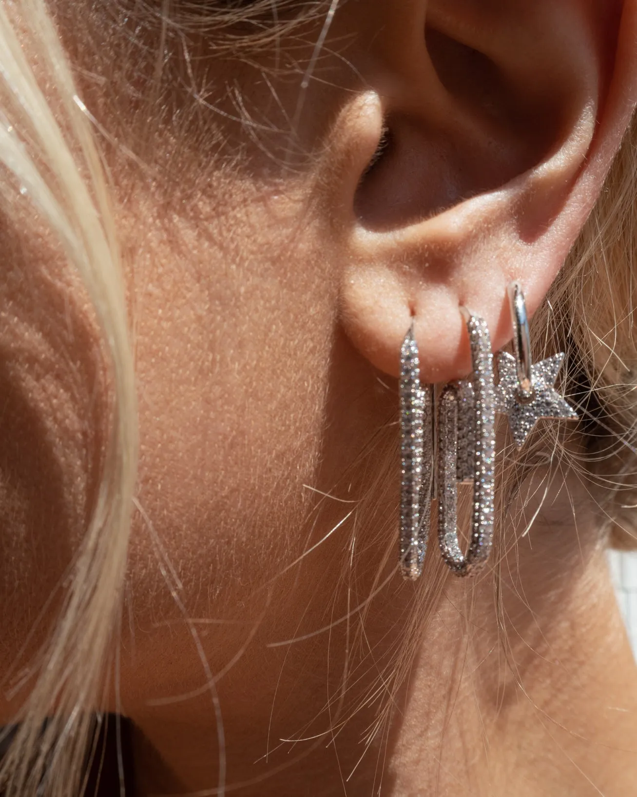 Pave Paper Clip Earrings- Silver