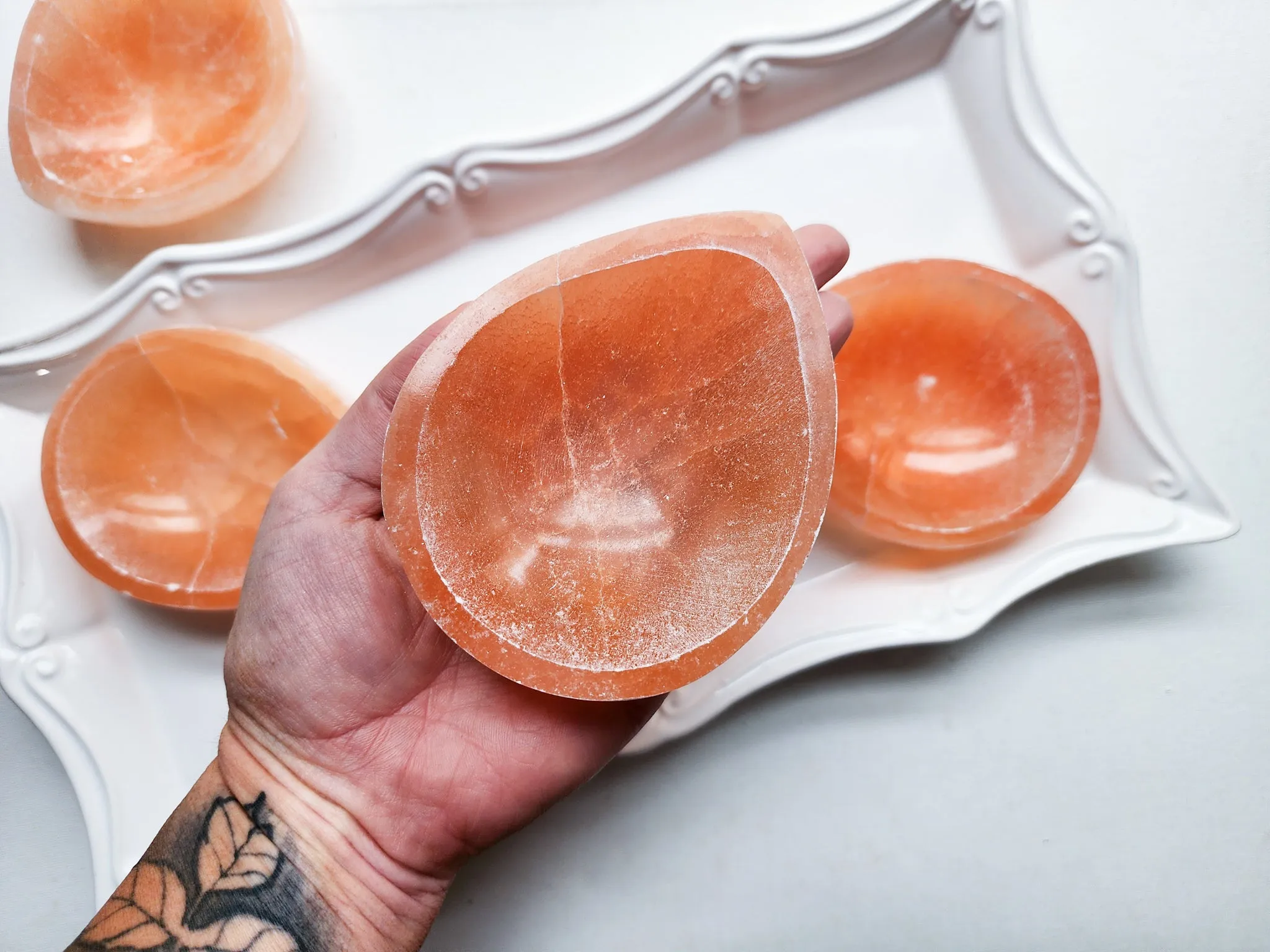 Peach Selenite Dew Drop Bowl