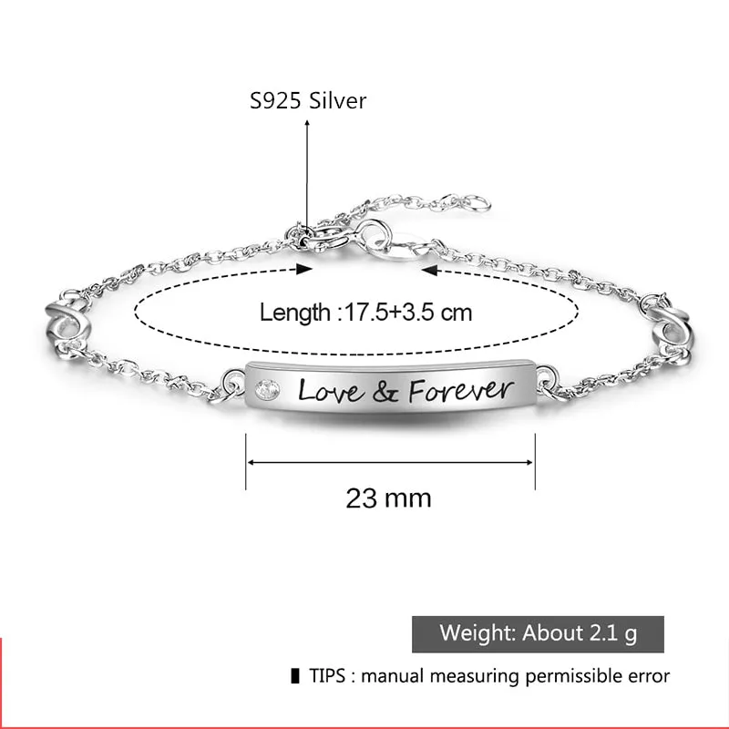 Personalized 925 Sterling silver Bracelets for Women Customize Engrave Name Bar Bracelets & Bangles with Infinity Gift for Lovers