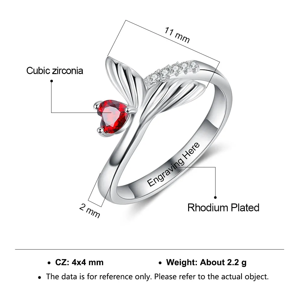 Personalized Birthstone Fish Tail Rings for Women Customized Heart Stone Engraved Ring Christmas Birthday Gifts