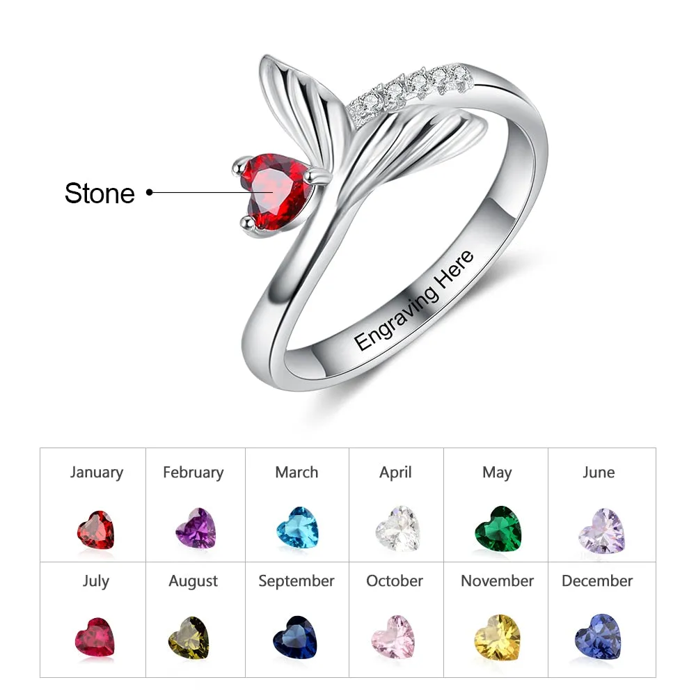 Personalized Birthstone Fish Tail Rings for Women Customized Heart Stone Engraved Ring Christmas Birthday Gifts