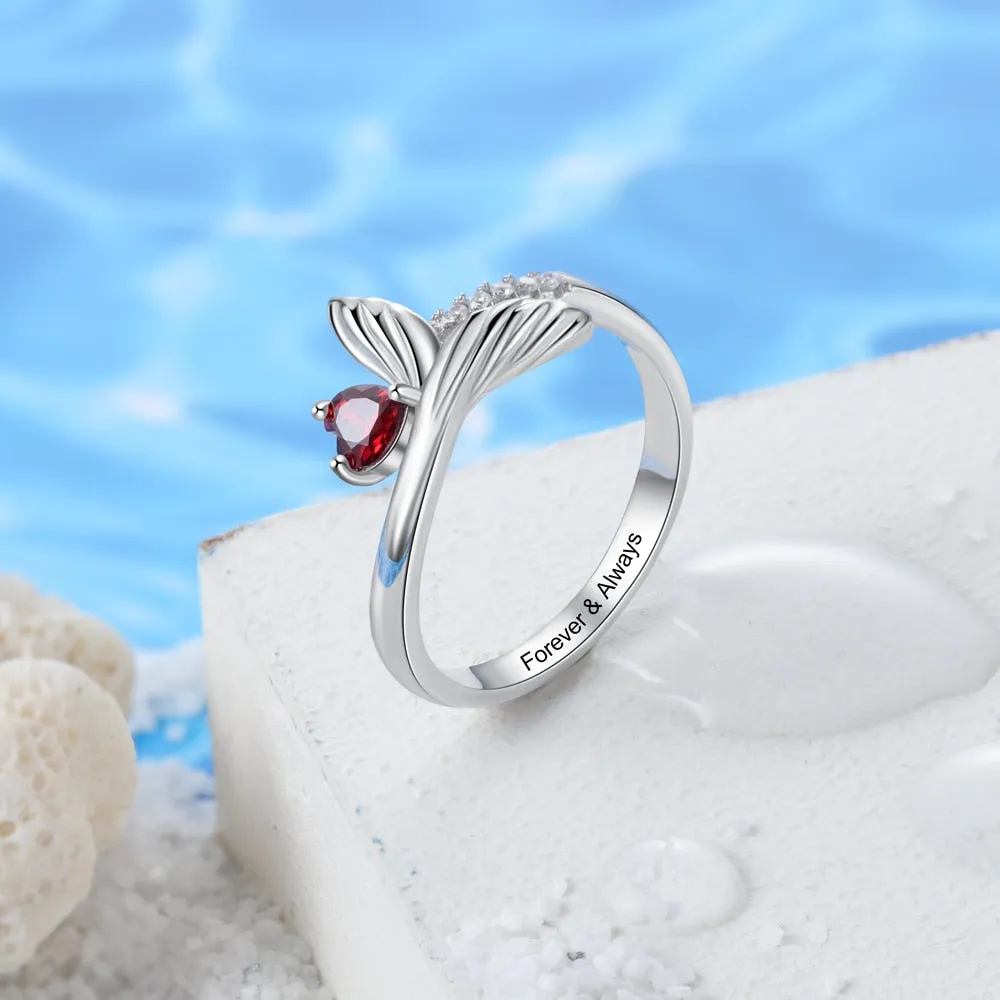 Personalized Birthstone Fish Tail Rings for Women Customized Heart Stone Engraved Ring Christmas Birthday Gifts