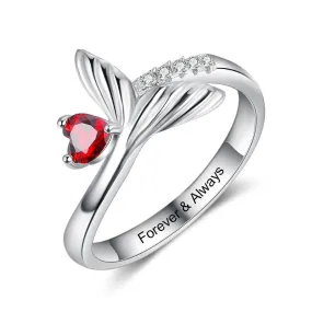 Personalized Birthstone Fish Tail Rings for Women Customized Heart Stone Engraved Ring Christmas Birthday Gifts