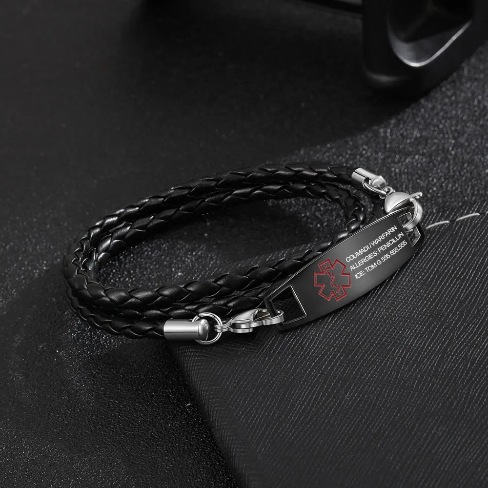 Personalized Black Rope Medical Alert ID Bracelets For Men