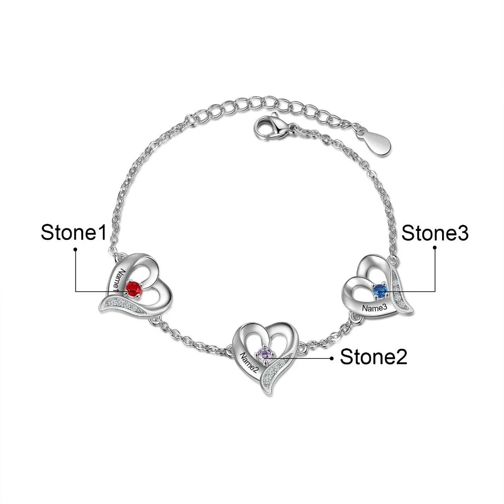 Personalized Cordate Charm Bracelets With 3 Birthstone