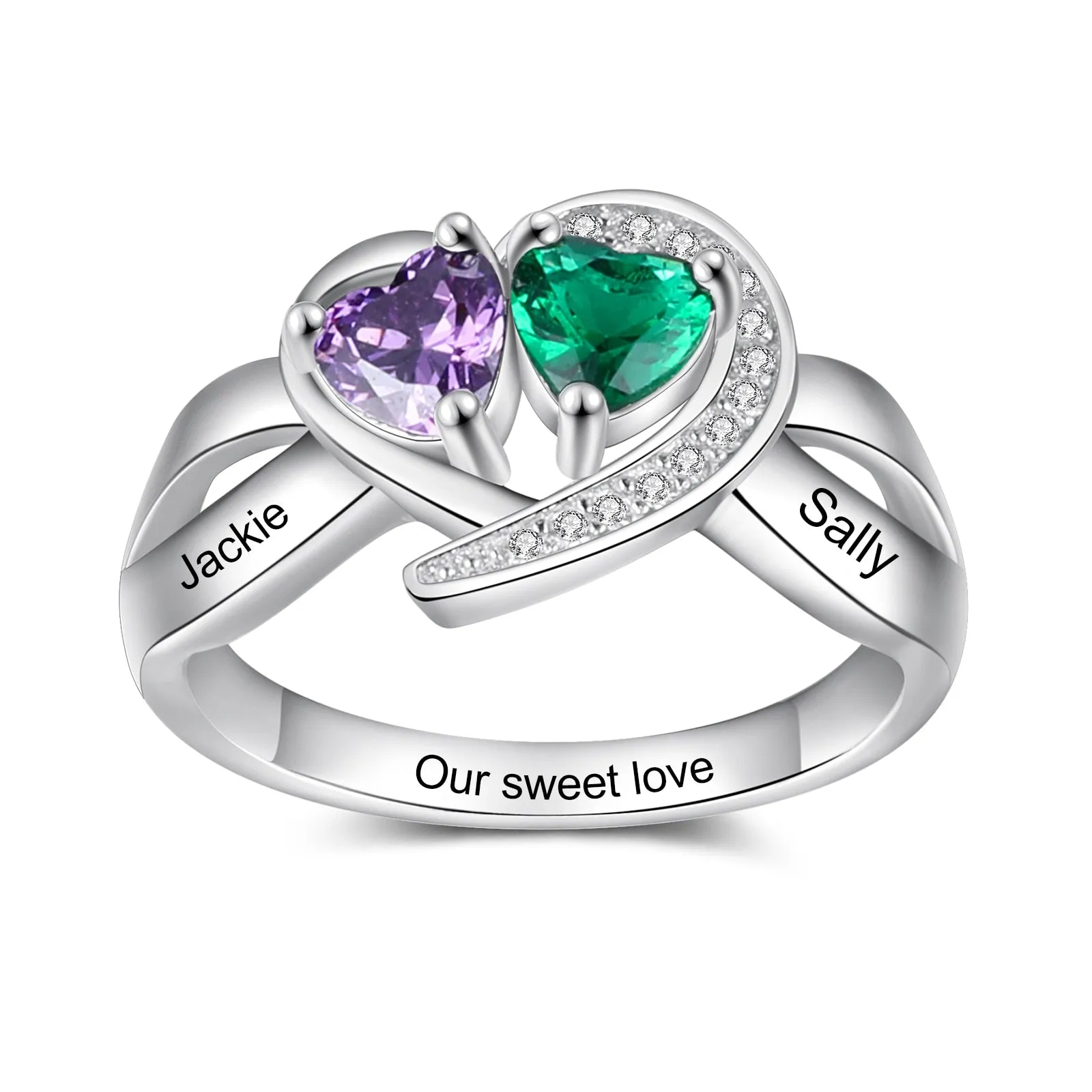 Personalized DIY Heart Birthstone Rings for Women Customized Engraving Mothers Ring Promise Gifts for Girlfriend