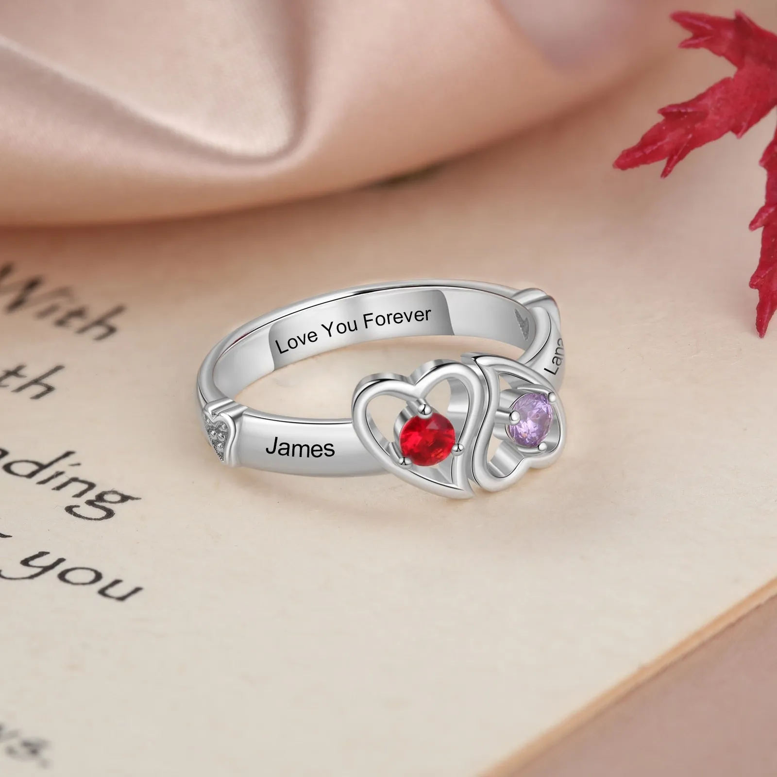 Personalized Double Heart Promise Rings for Women Customized Birthstone Wedding Engagement Ring Gifts for Girlfriend