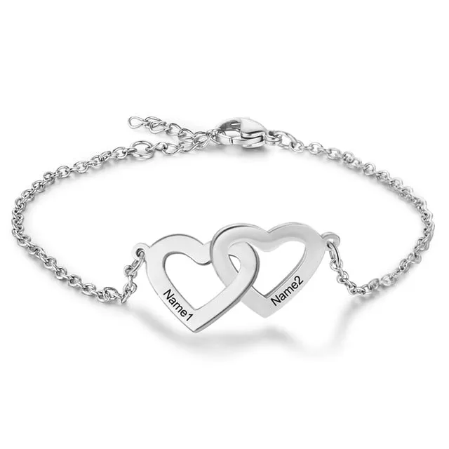 Personalized Intertwined Heart Bracelets with 2 Custom Names Customized Stainless Steel Engraved Bracelets & Bangles