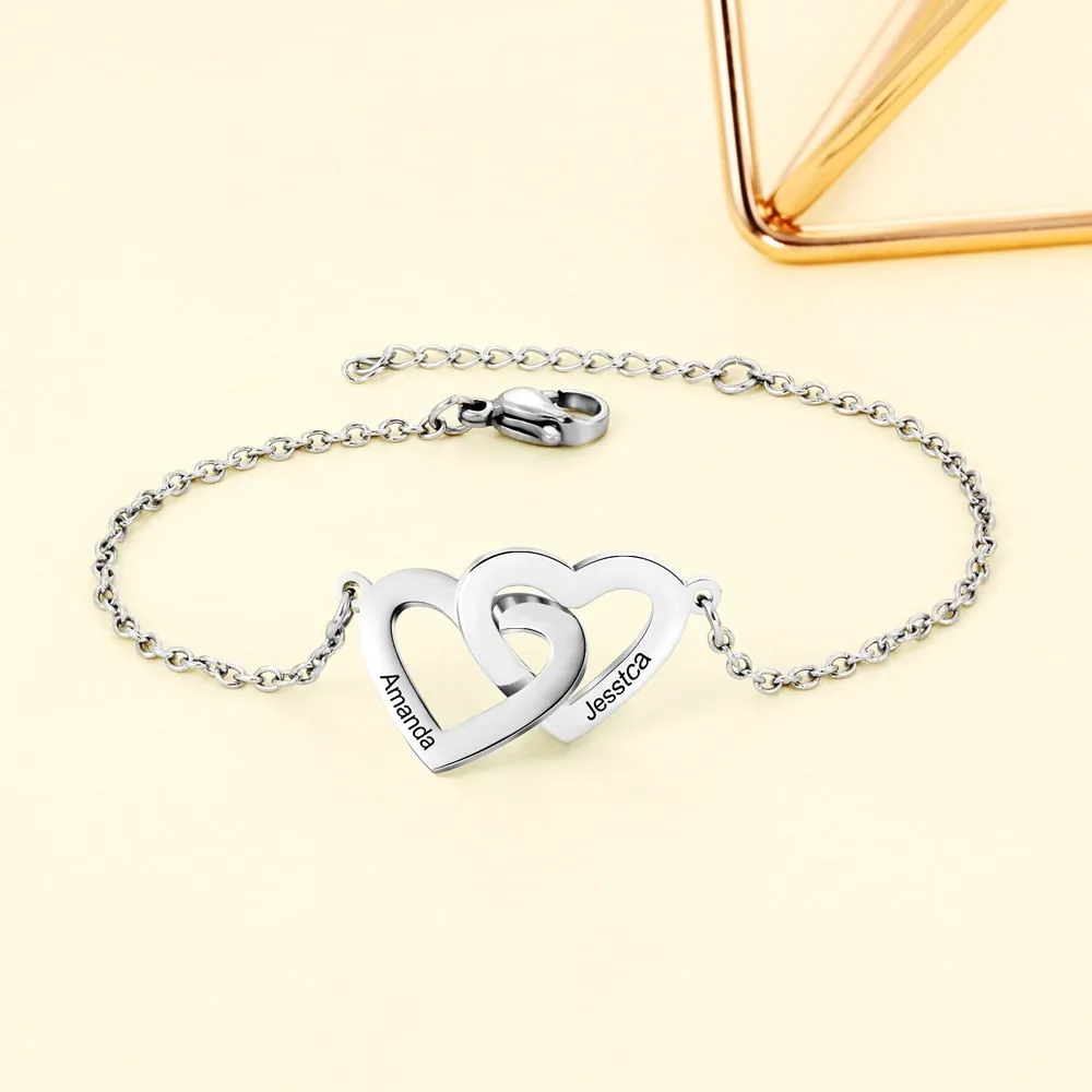 Personalized Intertwined Heart Bracelets with 2 Custom Names Customized Stainless Steel Engraved Bracelets & Bangles