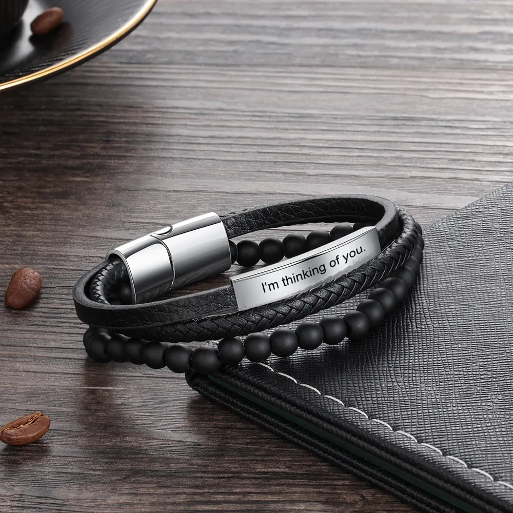 Personalized Multi-layer Black Leather Beaded Bracelets