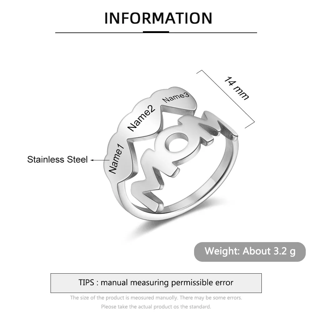 Personalized Stainless Steel Mom Ring Customized Engraving 3 Names Rings for Women Mothers Day Gifts