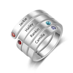 Personalized Stainless Steel Stackable Rings for Women Engrave Name Ring with 4 Birthstones Custom Family Gift