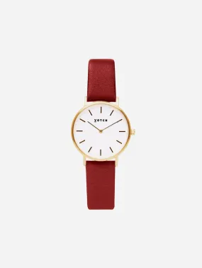 Petite Watch with Gold & White Dial | Ruby Red Vegan Leather Strap