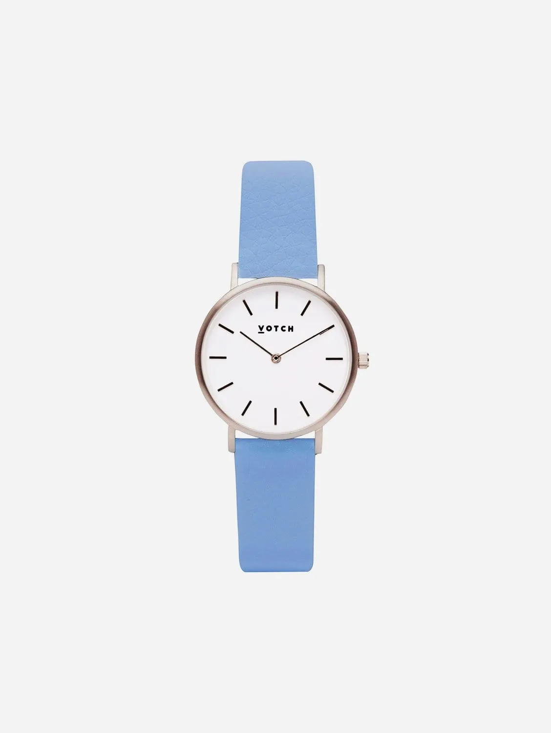 Petite Watch with Silver & White Dial | Sky Blue Vegan Leather Strap