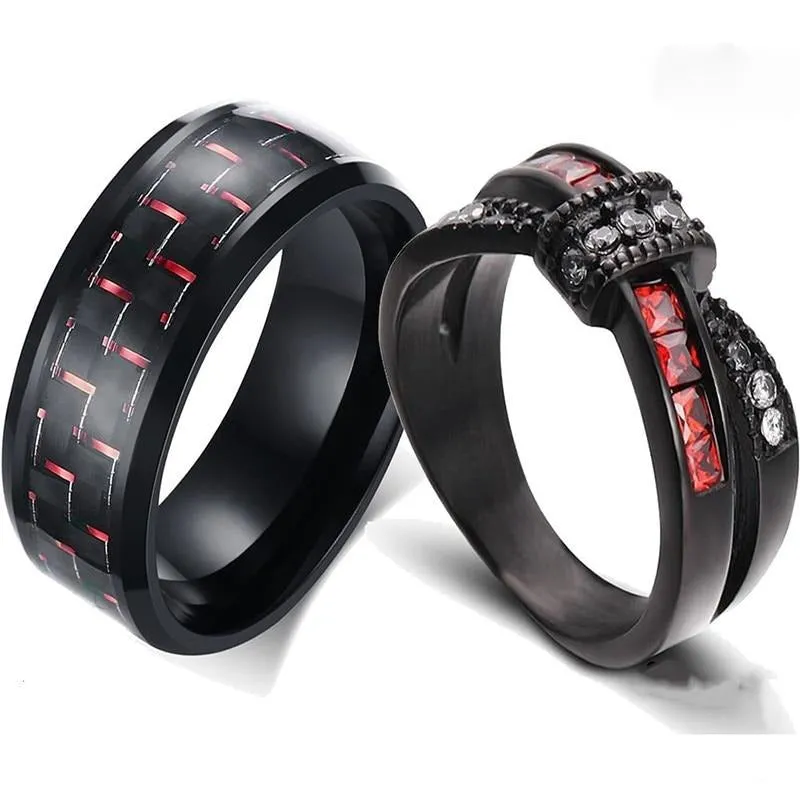 Red Black Carbon Fiber Inlay and Red White Cubic Zirconia Bow Stainless Steel Engagement Rings