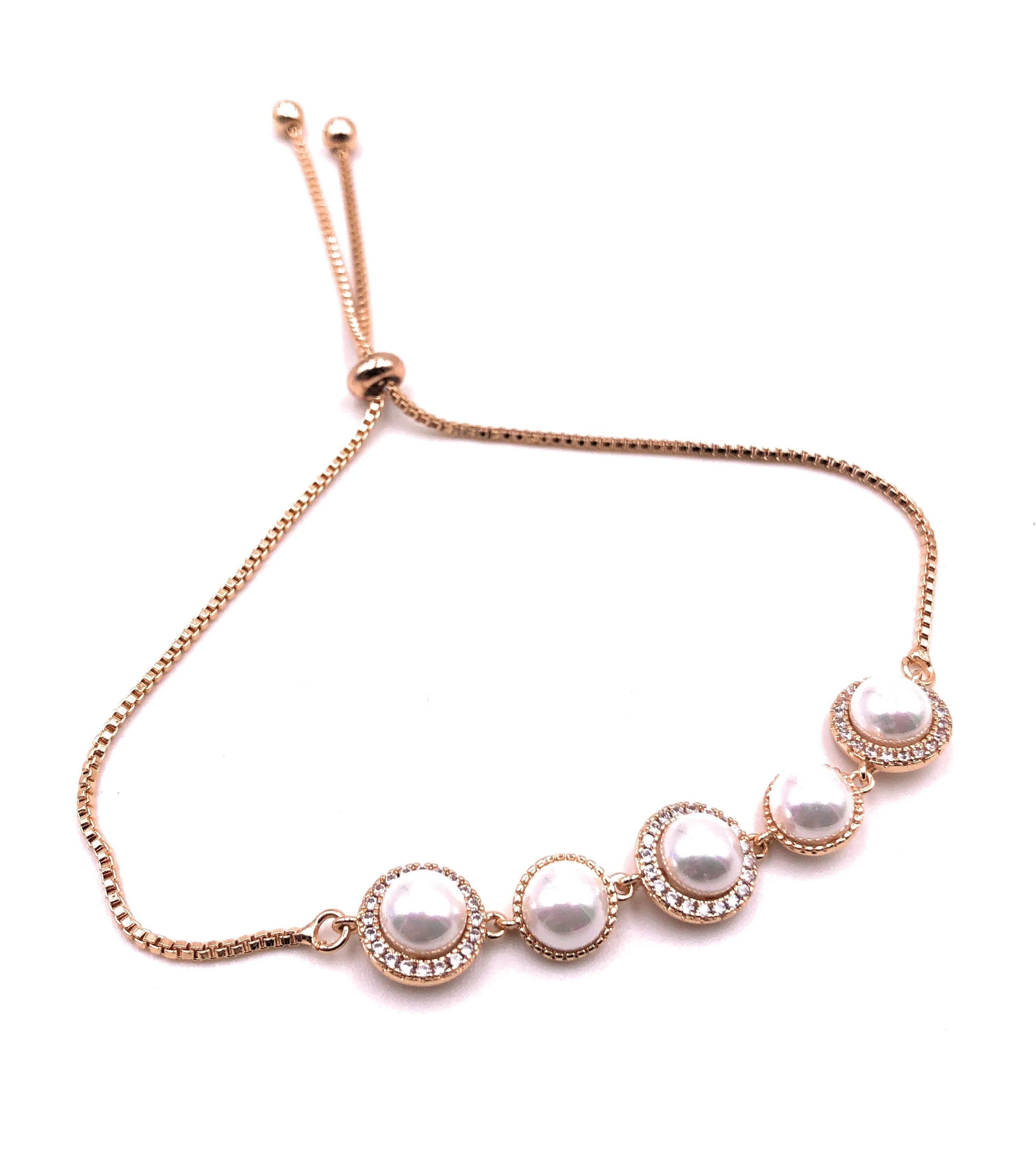 Rhinestone and Pearl Wedding Bracelets Adjustable Bolo Chain