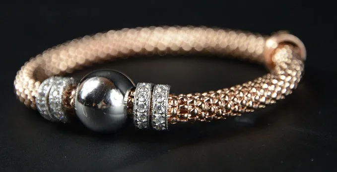 Rose Gold Plated Silver Beaded Stretch Bracelet with multiple Rows of Cubic Zirconia Rings 19cm long - Ceilo Milan