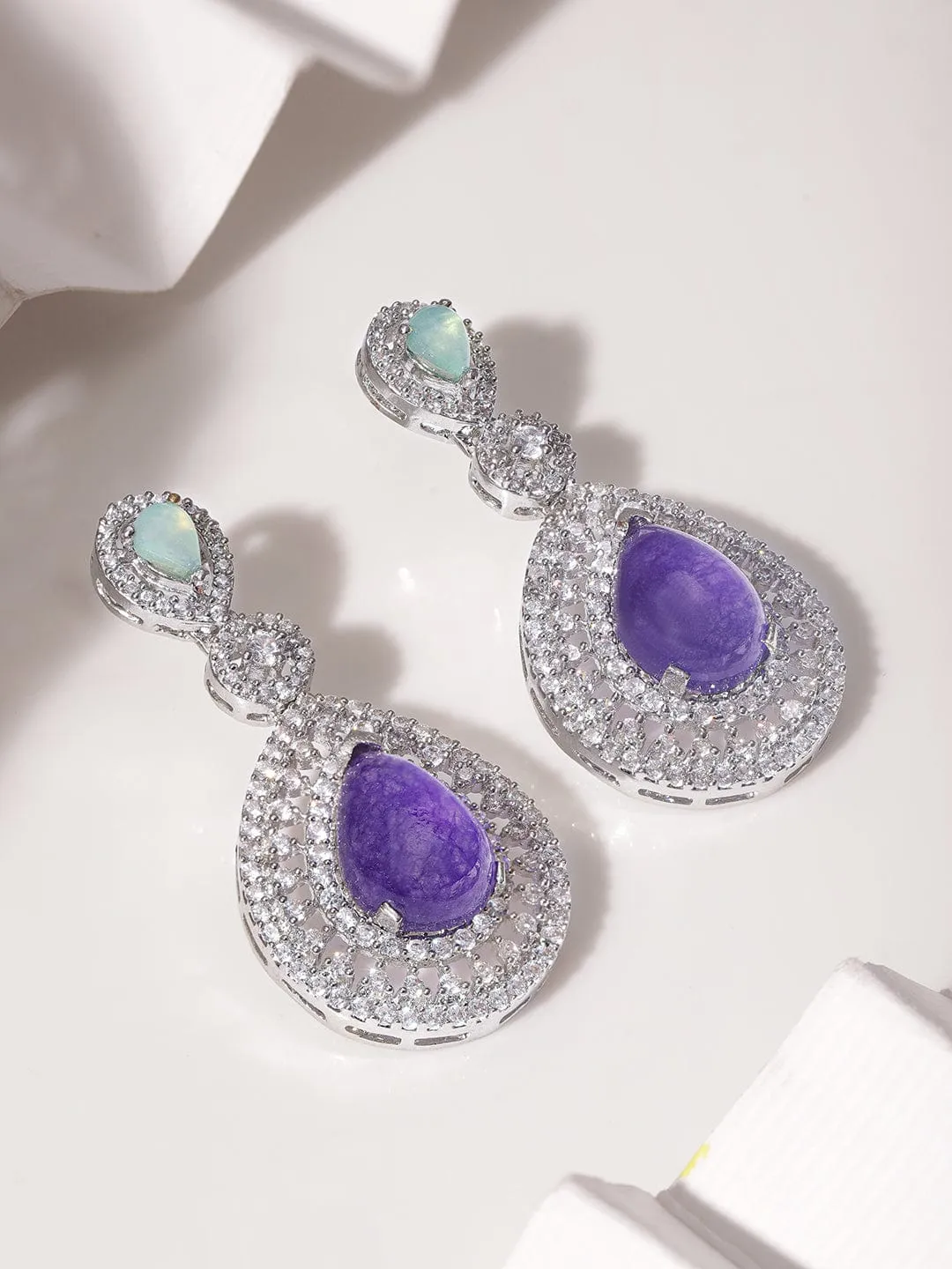 Rubans Rhodium plated Pear drop Purple Crystal Zirconia Demi - Fine Drop Earrings