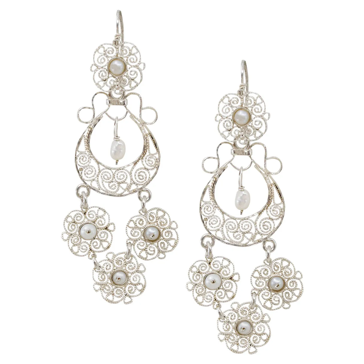 Silver Filigree with Drop Pearls Earrings