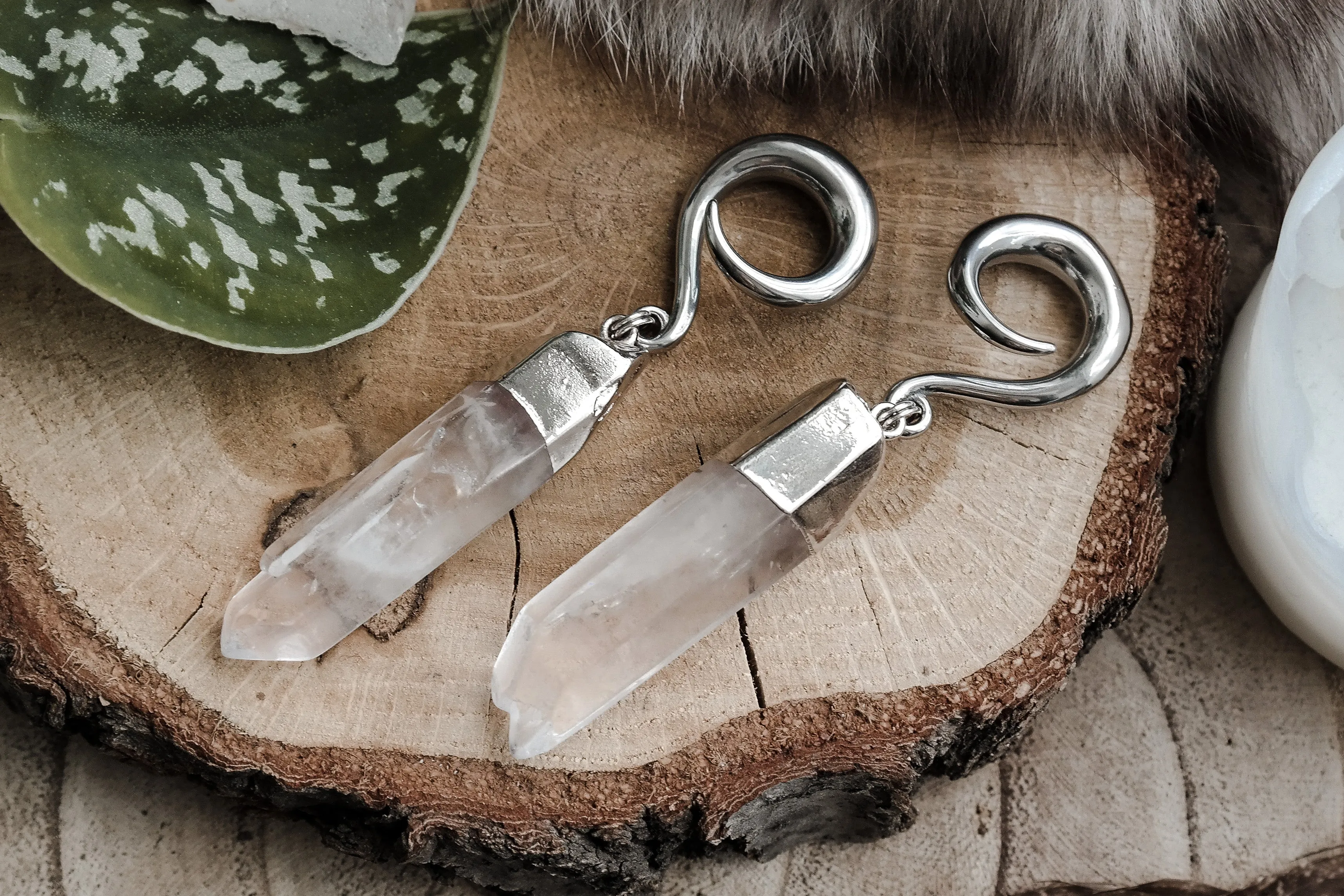 Silver Quartz Crystal Ear Weights