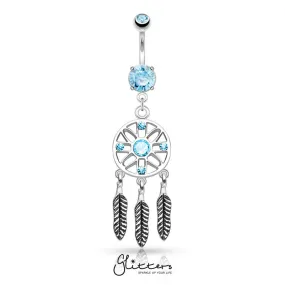 Three Feather Drops Dream Catcher Dangle Belly Button Rings - Aqua