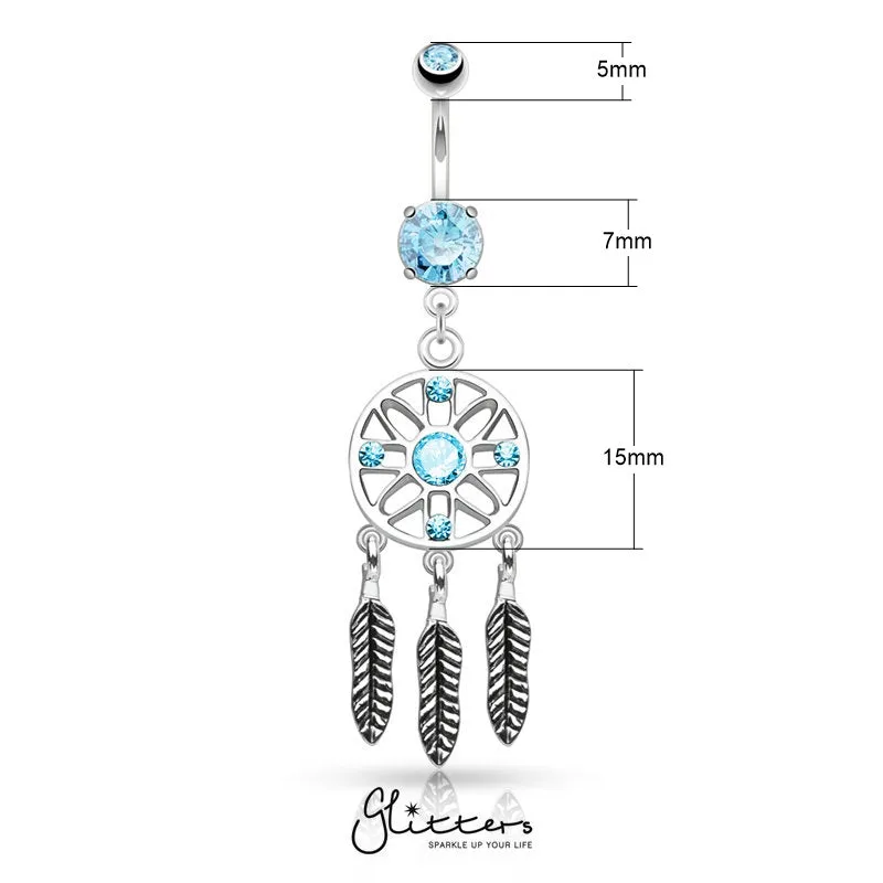 Three Feather Drops Dream Catcher Dangle Belly Button Rings - Aqua