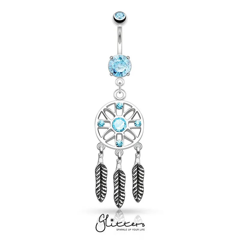 Three Feather Drops Dream Catcher Dangle Belly Button Rings - Aqua