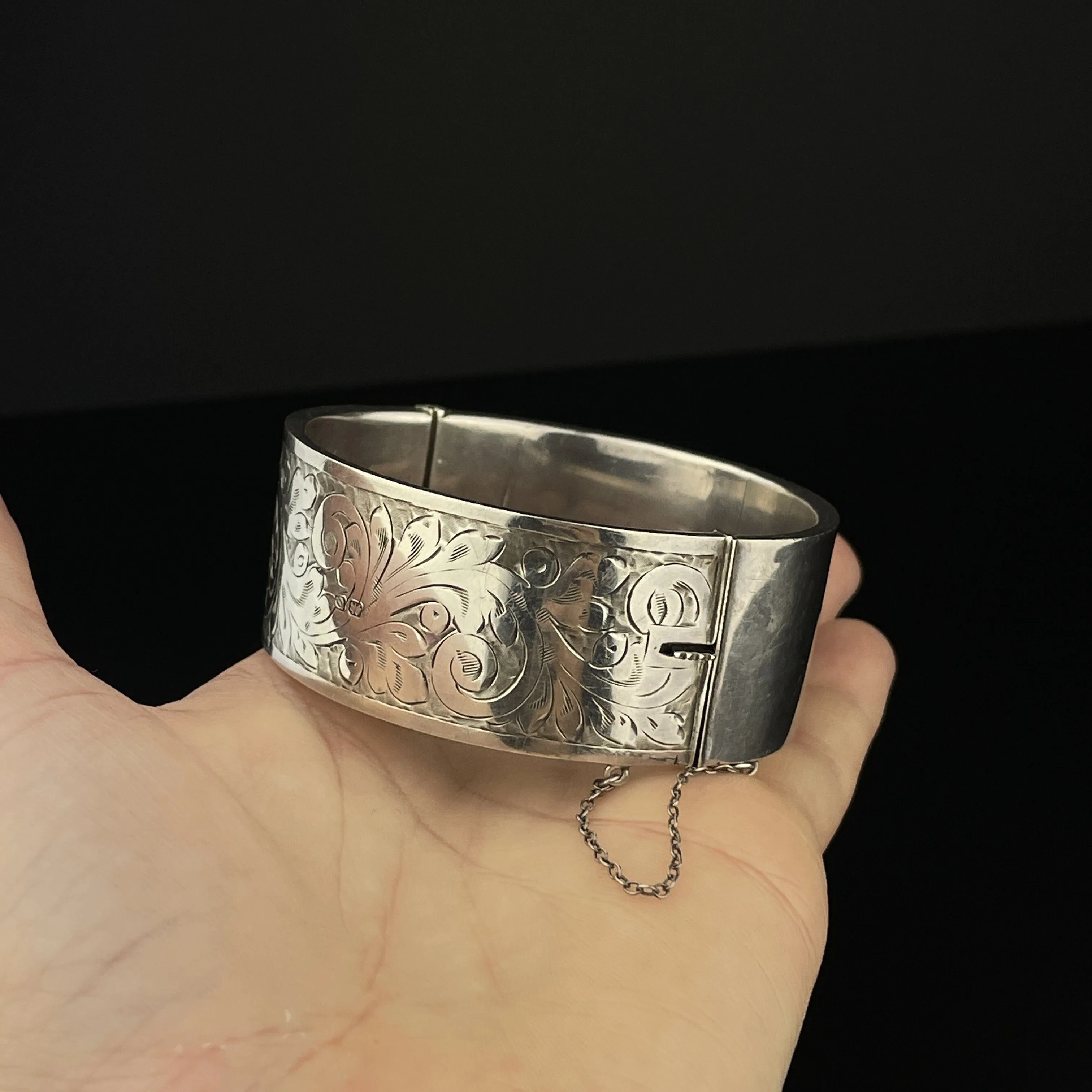 Victorian Engraved Silver Wide Cuff Bangle Bracelet