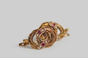 Victorian Era Etruscan Revival Joined Rings Earrings with Ruby & Pearl in 14k Gold