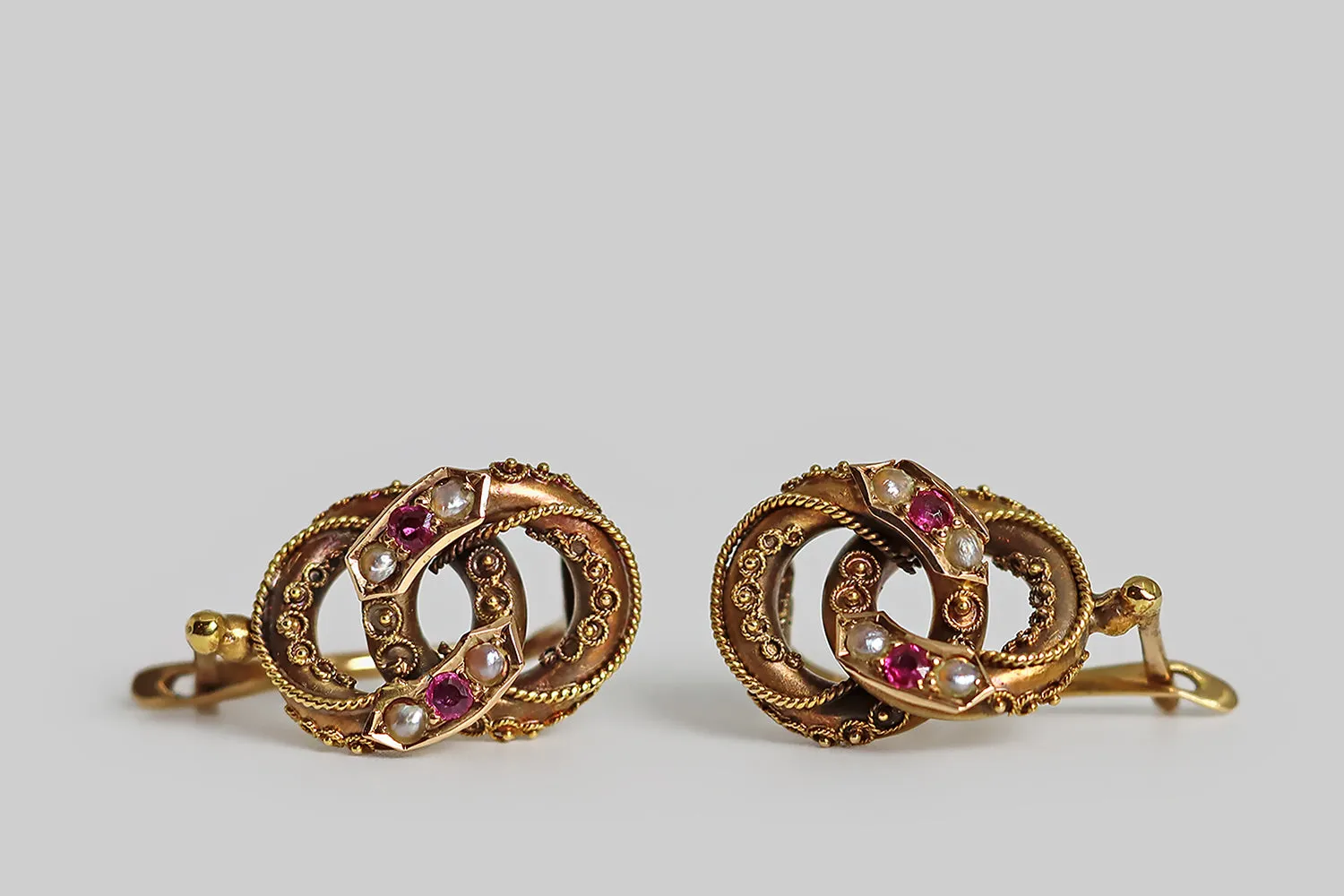 Victorian Era Etruscan Revival Joined Rings Earrings with Ruby & Pearl in 14k Gold