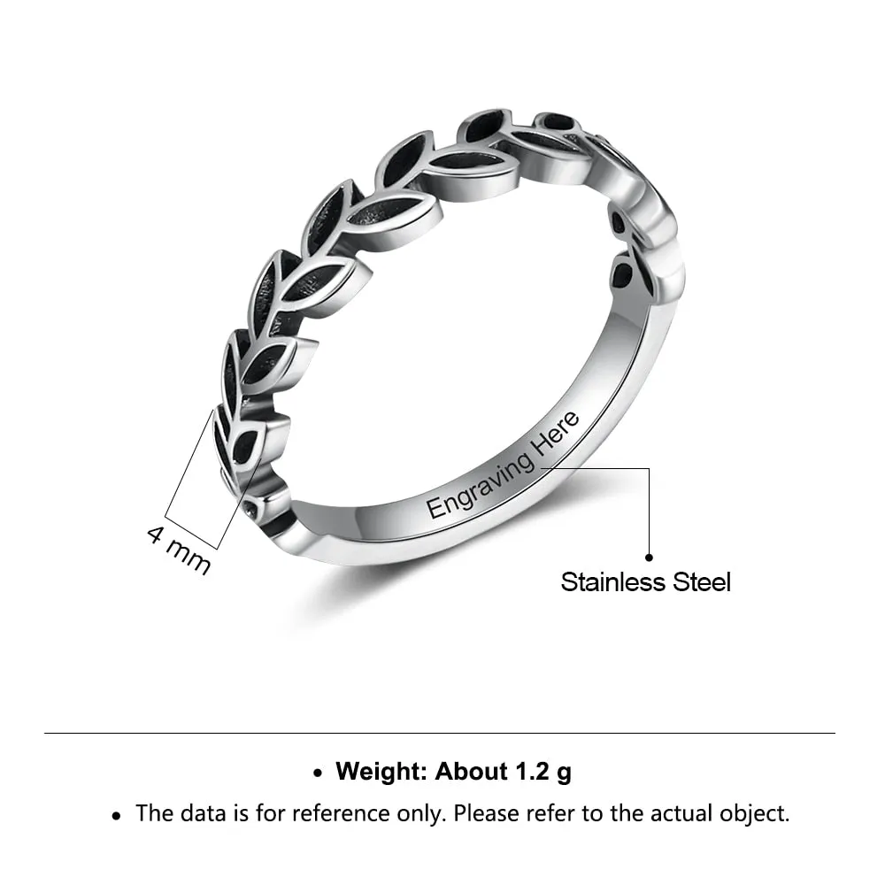 Vintage Style Customized Inside Engraved Rings for Women Personalized Stainless Steel Female Leaf Ring Custom Gifts