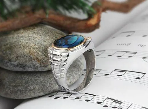 Watch Band Men's Ring with 4 Genuine Diamonds and Abalone In 925 Sterling Silver