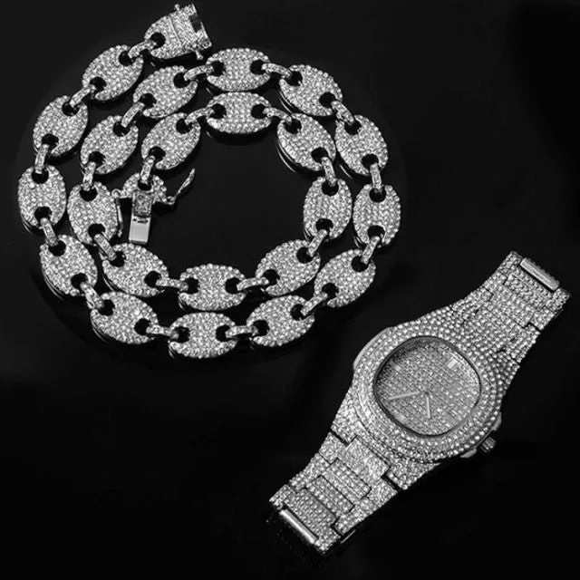 Watch  Chain Bracelet Iced Out Alloy Rhinestone Bling Chain Set for Men