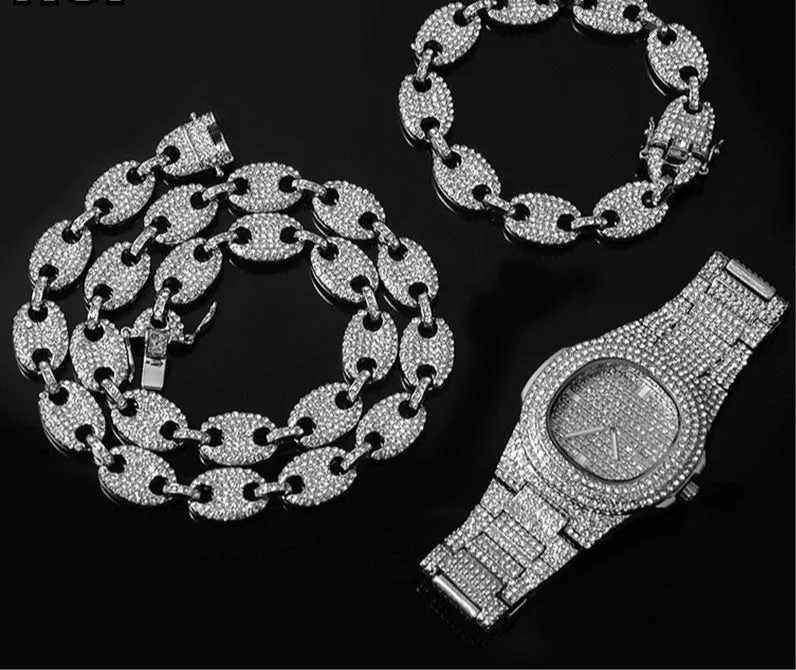 Watch  Chain Bracelet Iced Out Alloy Rhinestone Bling Chain Set for Men