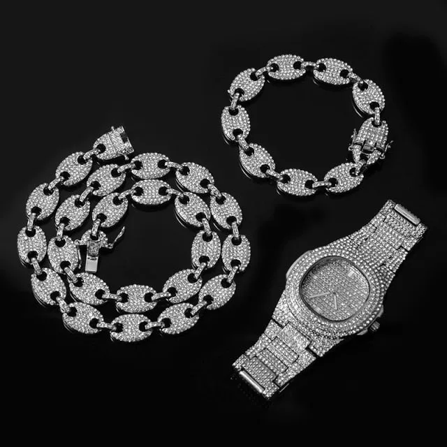 Watch  Chain Bracelet Iced Out Alloy Rhinestone Bling Chain Set for Men