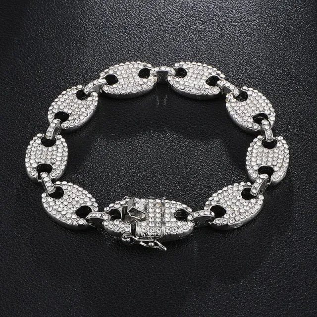 Watch  Chain Bracelet Iced Out Alloy Rhinestone Bling Chain Set for Men