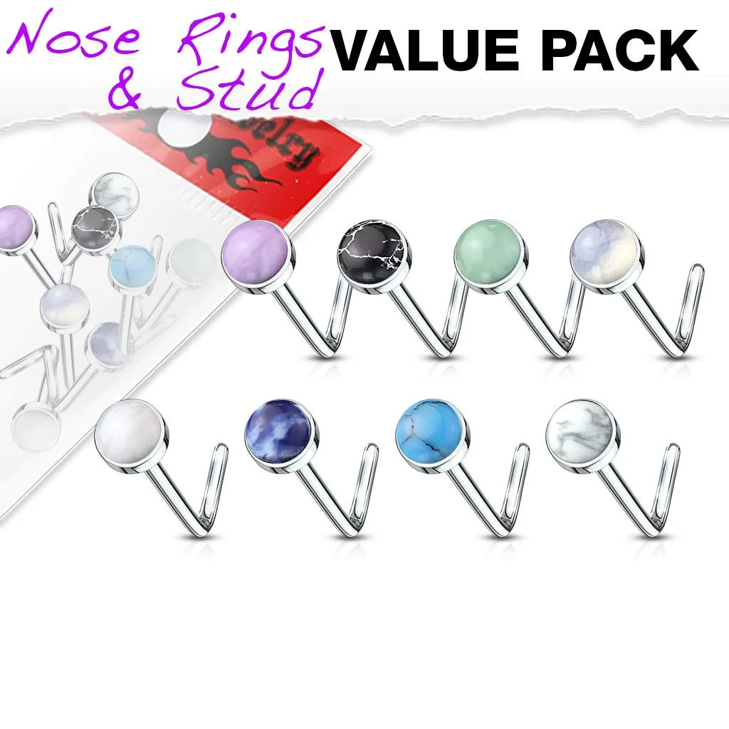 WILDKLASS 8 pcs Value Pack Semi Precious Stone Set 316L Surgical Steel L Bend Nose Stud Rings