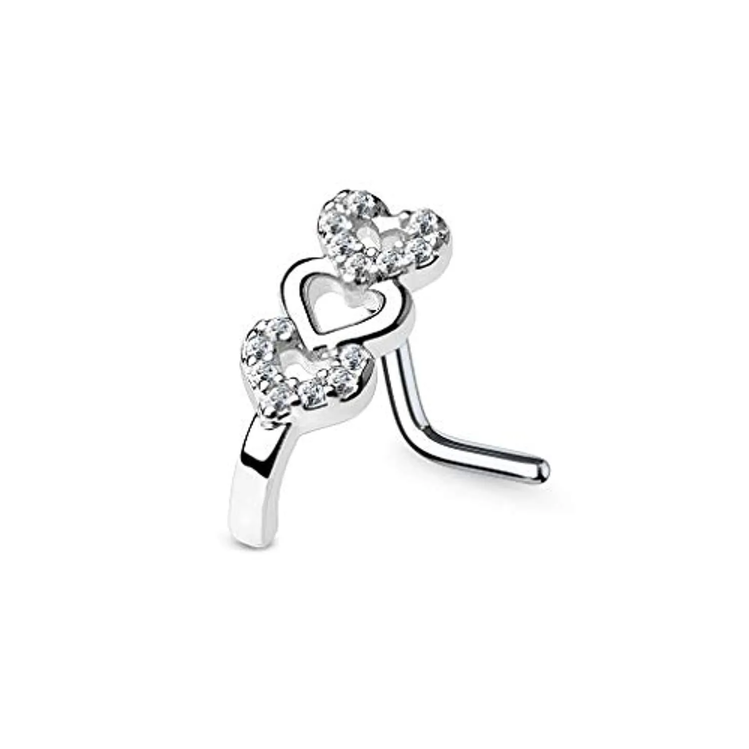 WildKlass CZ Paved Triple Heart Nose Crawlers 316L Surgical Steel L Bend Nose Stud Rings