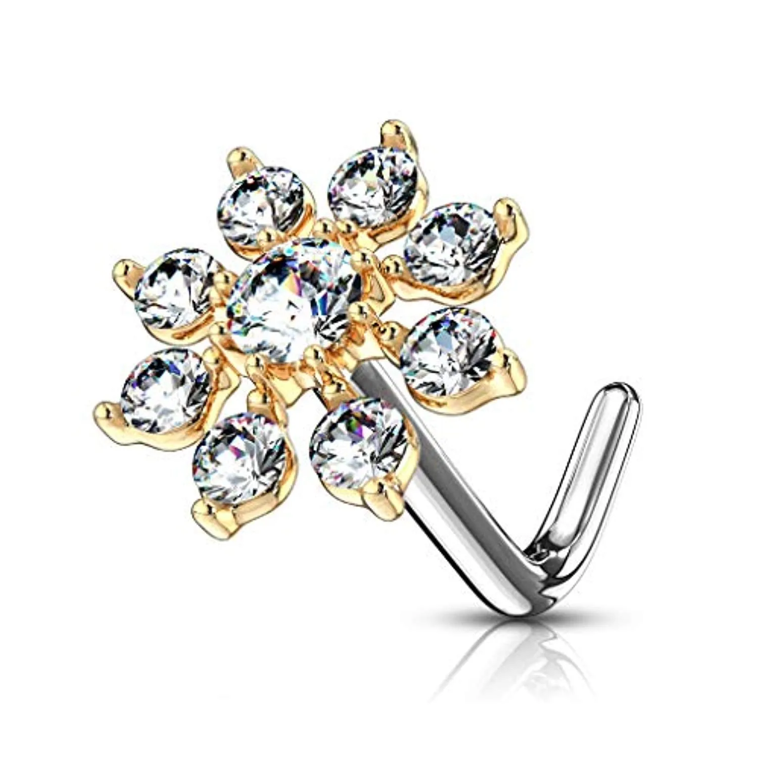 WildKlass Double Tiered CZ Starburst Top 316L Surgical Steel L Bend Nose Stud Rings