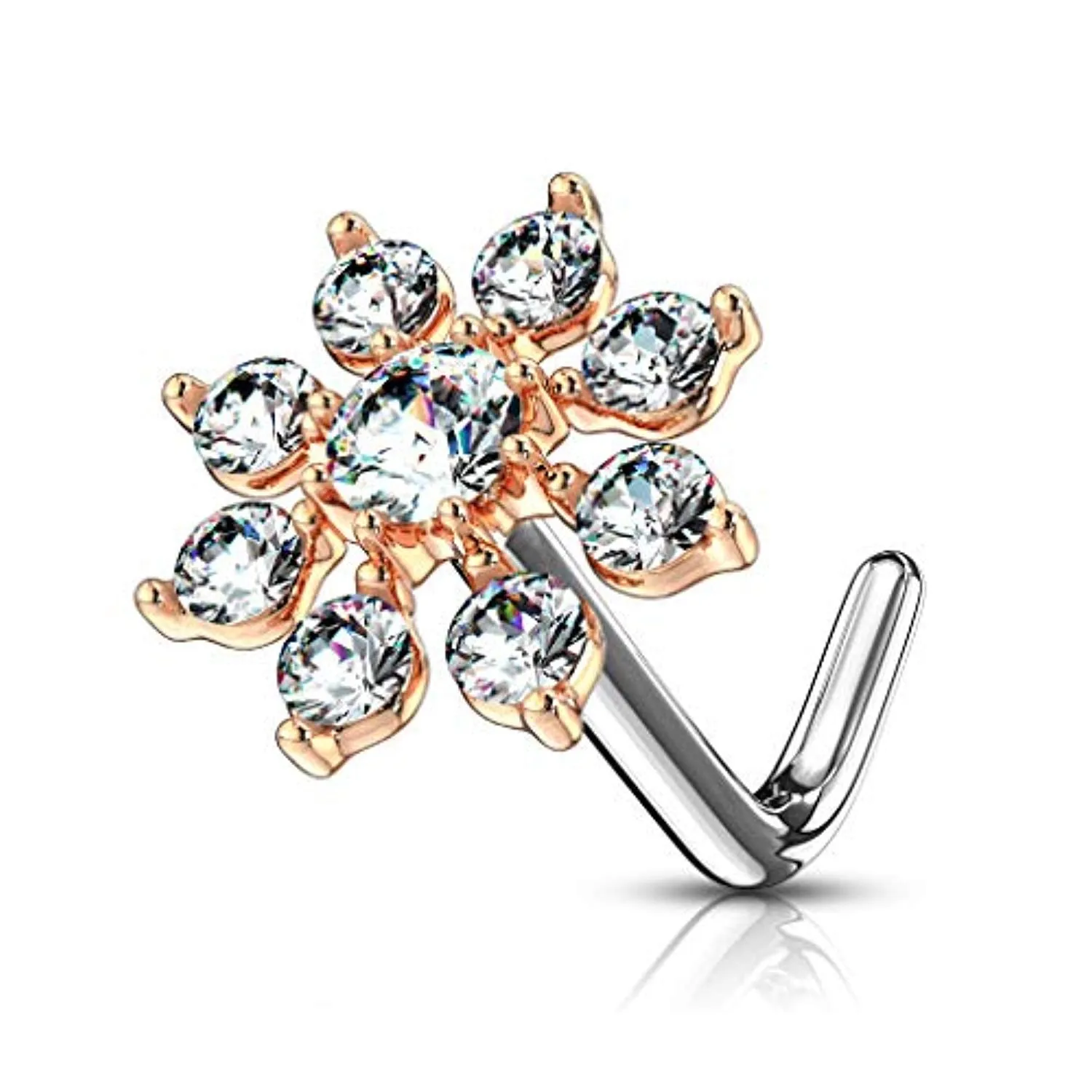 WildKlass Double Tiered CZ Starburst Top 316L Surgical Steel L Bend Nose Stud Rings